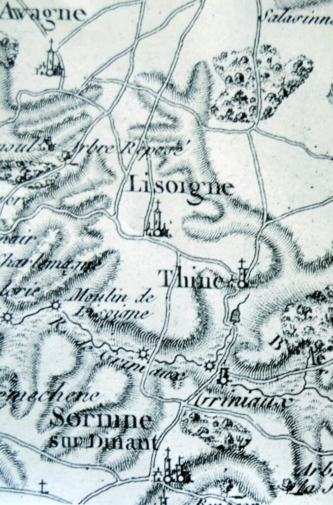 Lisogne et ses environs sur une carte ancienne du comté de Namur.