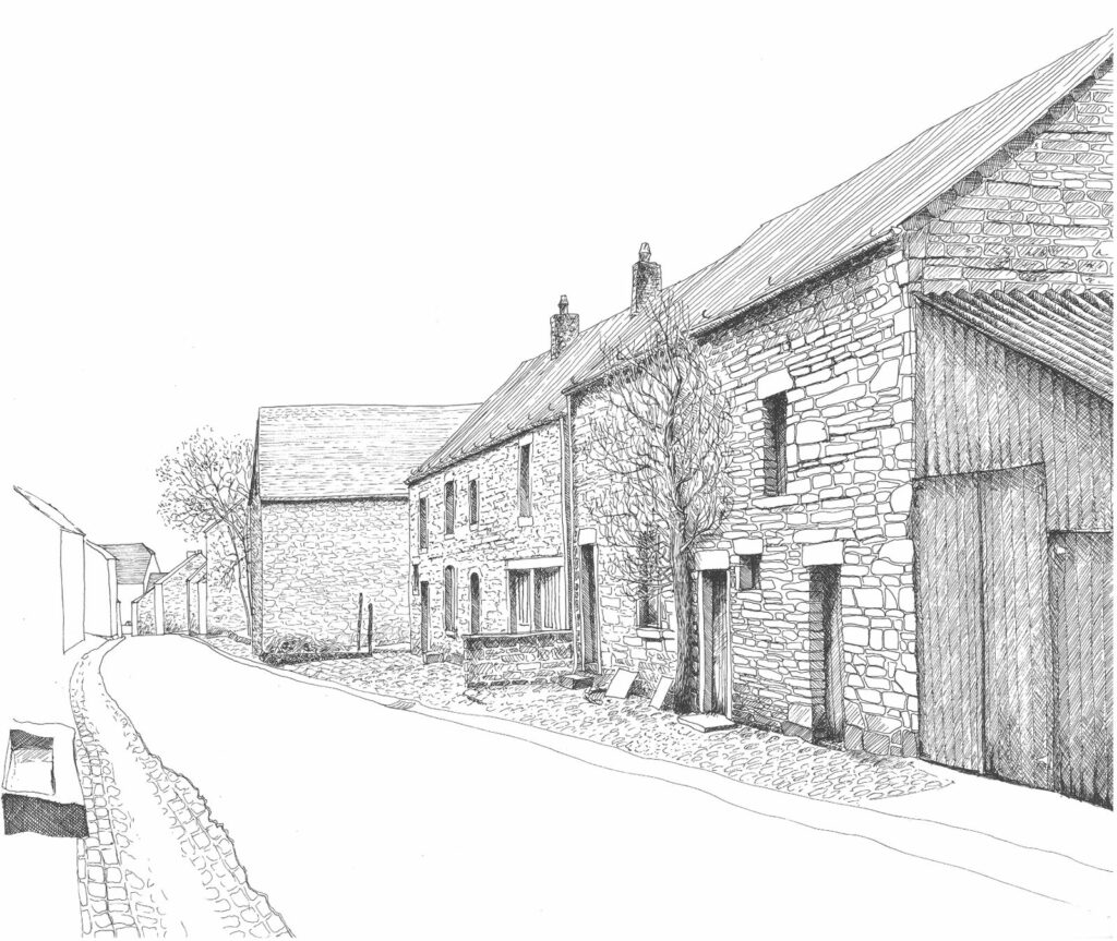 Maisons en moellons calcaires du centre historique. Croquis de Pierre Somers.