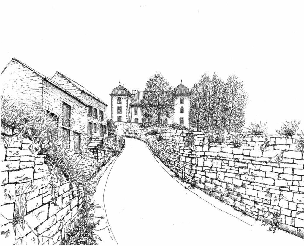Le village de Lisogne. Croquis de Pierre Somers, architecte.