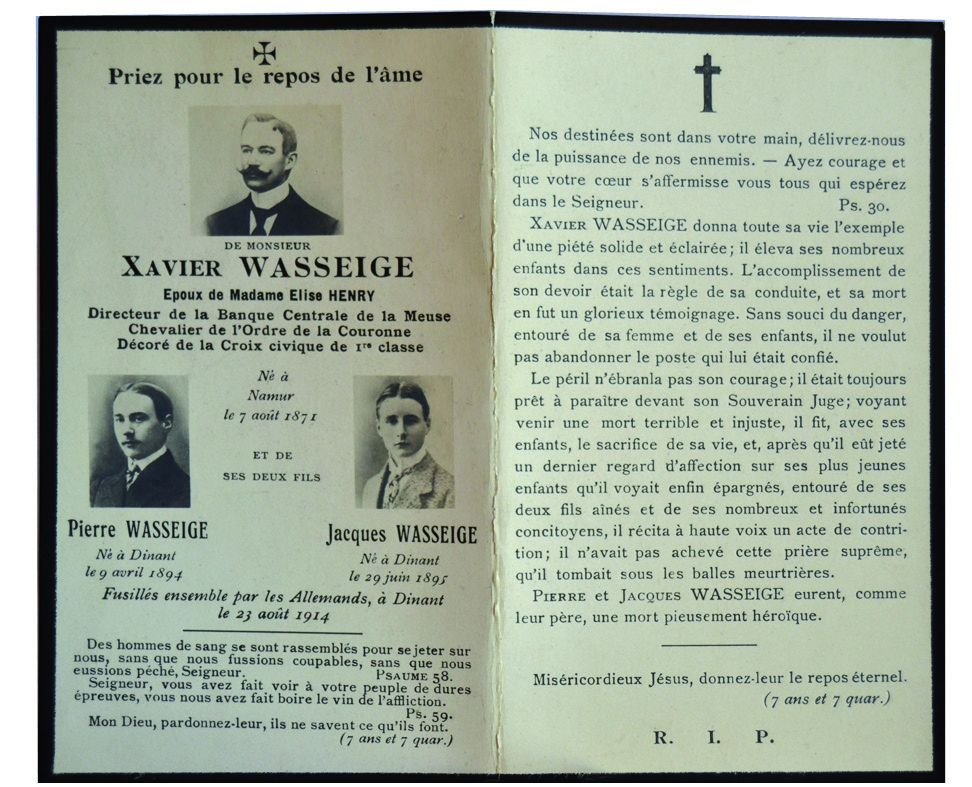 Souvenir mortuaire de Xavier Wasseige et de ses fils, fusillés à Dinant le 23 août 1914. Conservé au château de Lisogne.